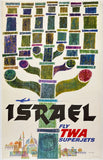 Original vintage Fly TWA Israel aviation travel and tourism poster featuring Jerusalem and a menorah by artist David Klein, circa 1960s.