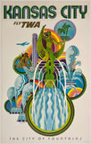 Original vintage Kansas City - Fly TWA linen backed aviation travel and tourism poster plakat affiche by artist David Klein, illustrator of airline posters for Trans World Airlines destinations in America, Europe, Asia, and Africa.