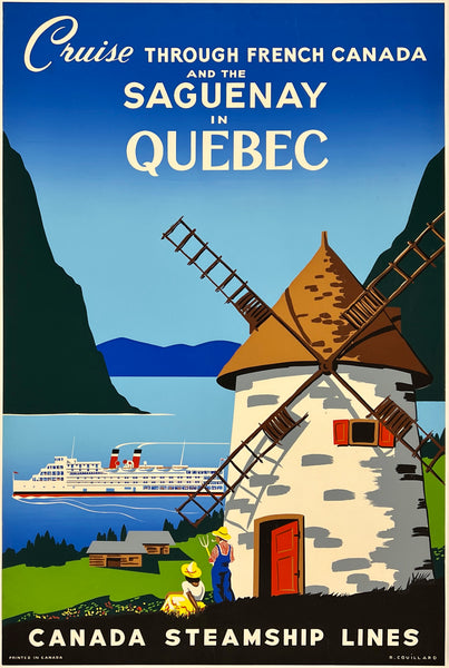 Very rare original vintage CANADA STEAMSHIP LINES - CRUISE THROUGH FRENCH CANADA AND THE SAGENAY IN QUEBEC linen backed travel and tourism cruise ship steamship expedition silkscreen poster plakat affiche by artist Roger Couillard, circa 1950s.