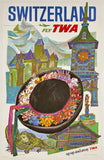 Vintage TWA travel poster for Switzerland featuring colorful architecture and a clock tower.