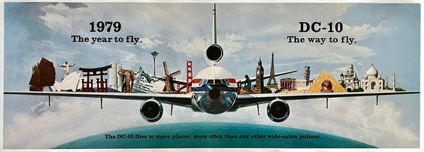 Beautiful authentic original vintage DC-10 The Only Way To Fly linen backed  aviation airline travel and tourism poster affiche plakat circa 1979.