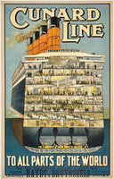 Rare authentic original vintage CUNARD LINE - TO ALL PARTS OF THE WORLD - AQUITANIA linen backed travel and tourism cross section cruise ship poster plakat affiche by artist Rosenvinge circa 1914.