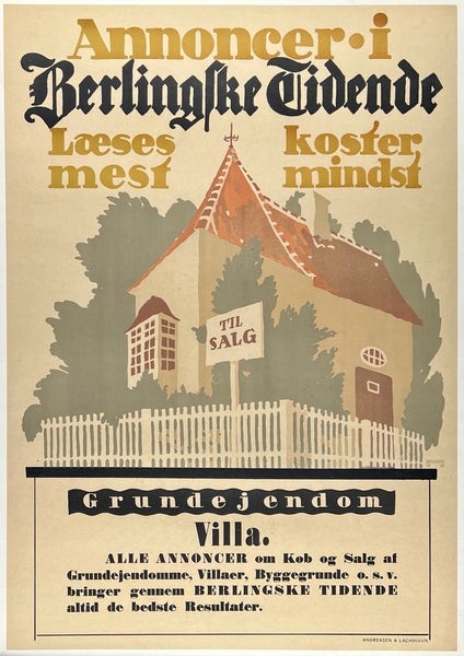 Original vintage Berlingske Grundejendom Villa linen backed Danish newspaper Denmark poster plakat affiche by artist Thor Bogelund circa 1918.