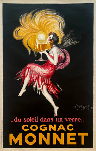 Original vintage COGNAC MONNET "sunshine in a glass" linen backed French food and liquor stone litho poster plakat affiche by master poster artist Leonetto Cappiello, circa 1927.