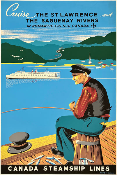 Very rare original vintage CANADA STEAMSHIP LINES - THE ST. LAWRENCE AND THE SAGUENAY RIVERS IN ROMANTIC FRENCH CANADA linen backed travel and tourism cruise ship steamship expedition silkscreen poster plakat affiche by artist Roger Couillard, circa 1950s.