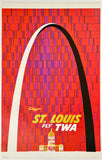 Vintage-style travel poster for St. Louis featuring the Gateway Arch with 'Fly TWA' text on a red and purple patterned background.