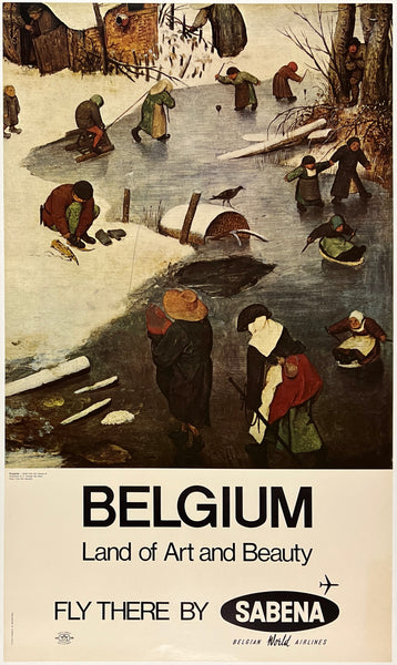 Rare original vintage Belgium Brussels Fly There By Sabena The Census at Bethlehem by Pieter Breugel linen backed travel and tourism poster plakat affiche circa 1970.