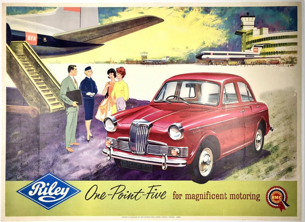 Original vintage Riley 1.5 For Magnificent Motoring BMC BEA linen backed aviation travel automobile and tourism poster plakat affiche circa 1960s.