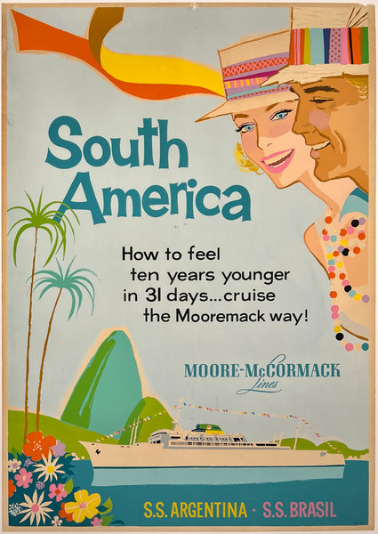 Authentic rare original vintage Moore McCormack Lines linen backed travel and tourism cruise ship silkscreen poster plakat affiche circa 1950s.
