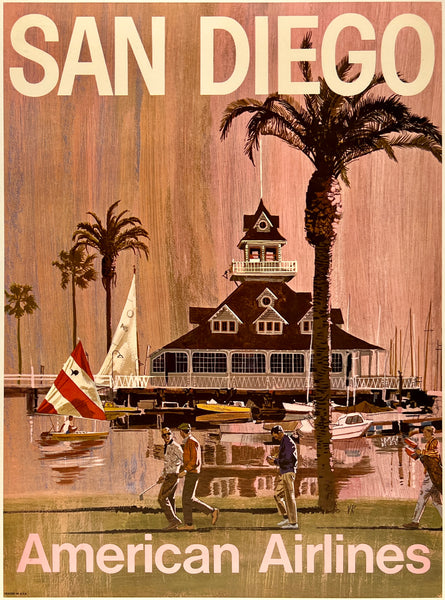 Original vintage San Diego - American Airlines linen backed airline travel and tourism mid-century modern small format poster by artist V.K. circa 1960s.