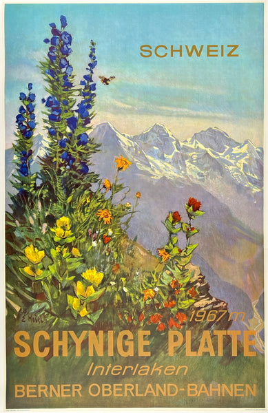 Original vintage Schynige Platte linen backed Switzerland Swiss railway and railroad travel and tourism poster affiche plakat circa 1962.