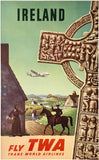 Original vintage Ireland - Fly TWA - Trans World Airlines linen backed aviation travel and tourism poster by artist S. Greco, circa 1950s.