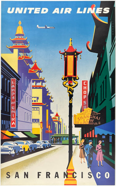 Original vintage United Air Lines - San Francisco linen backed UAL airline travel and tourism Chinatown poster plakat affiche by artist Joseph Binder, circa 1957.