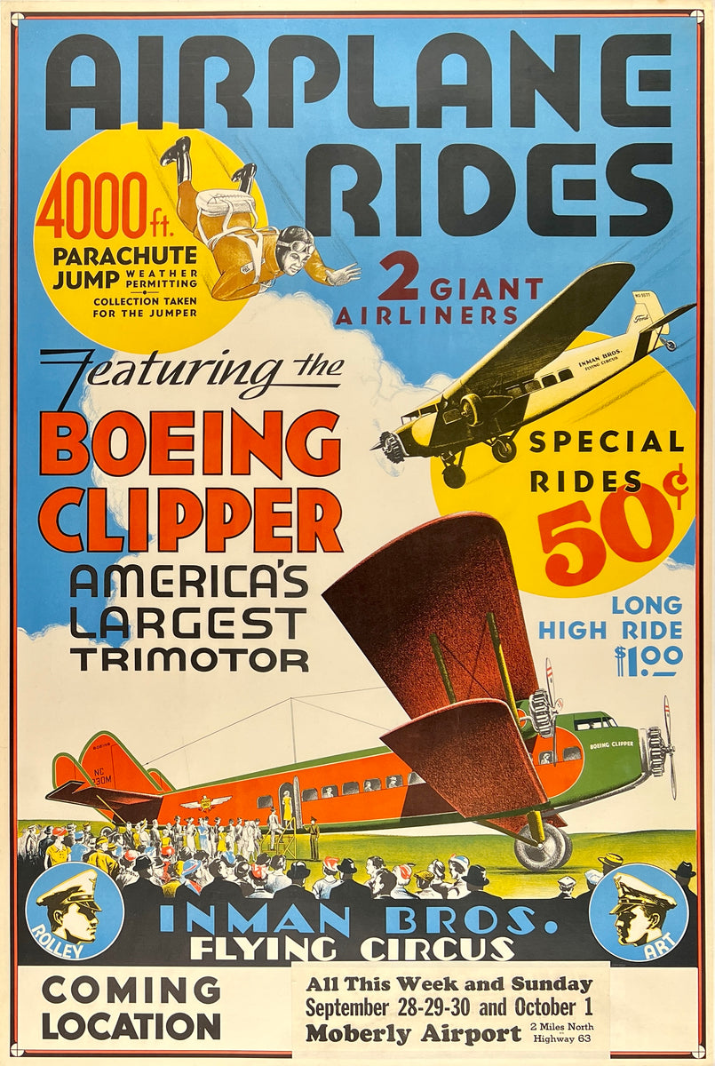Original Vintage Poster AIRPLANE RIDES - BOEING CLIPPER - INMAN