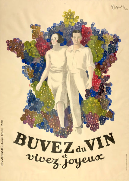 Original vintage Buvez Du Vin Et Vivez Joyeux - Drink Wine and Be Happy linen backed French travel poster by master poster artist Leonetto Cappiello, circa 1933.