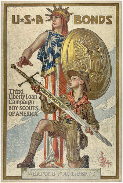 Original vintage USA Bonds - Third Liberty Loan Campaign - Boy Scouts of America - Weapons For Liberty linen backed WWI World War I propaganda poster by artist Joseph C. Leyendecker, circa 1917.