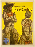 Vintage-style advertisement for Southwestern Dude Ranches featuring a cowboy and a woman on a yellow background.