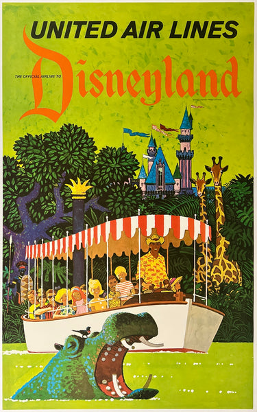 Authentic original vintage Disneyland - United Air Lines linen backed UAL airline travel and tourism poster featuring the Jungle Cruise by artist Stan Galli, circa 1950s.