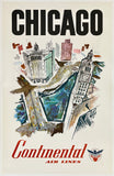 Vintage-style Chicago travel poster with large black 'CHICAGO' text at the top, an illustrated cityscape in the center, and 'Continental Air Lines' in red script at the bottom on an off-white background.