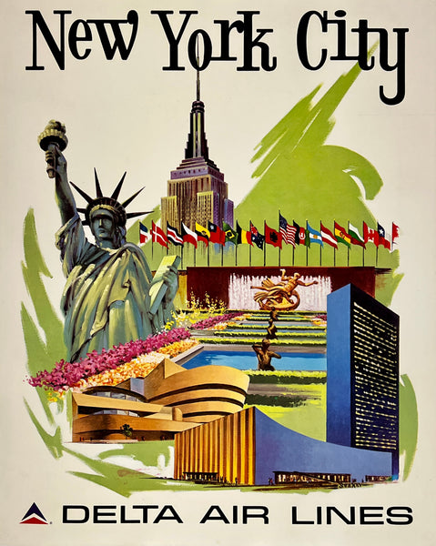 Original vintage New York - Delta Air Lines linen backed airline travel and tourism poster plakat affiche circa 1970s