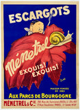 Authentic original vintage Escargots Menetrel linen backed French food and liquor art deco advertising poster by artist Rudd, circa 1930s.