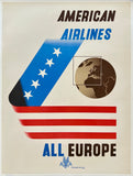 American Airlines advertisement for flights to All Europe featuring the American flag and stars.