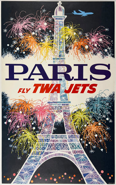 Original vintage Paris Fly TWA Jets linen backed aviation travel and tourism poster plakat affiche by artist David Klein featuring the Eiffel Tower in France.