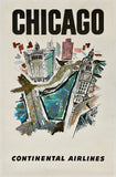 Vintage-style travel poster for Chicago featuring bold black text reading 'CHICAGO' at the top and 'CONTINENTAL AIRLINES' at the bottom, with an illustrated cityscape and river scene in muted blue, gray, brown, and black tones on an off-white background.