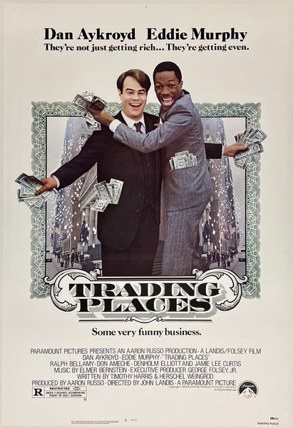 Original vintage TRADING PLACES Eddie Murphy Dan Aykroyd linen backed one sheet comedy classic movie poster plakat affiche circa 1983.