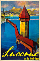 Rare authentic original vintage Lucerne And Its Lovely Lake Switzerland linen backed Swiss travel and tourism poster plakat affiche by artist Otto Landolt circa 1936.