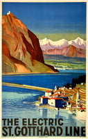 Rare original vintage THE ELECTRIC ST. GOTTHARD LINE linen backed art deco Swiss rail travel and tourism poster featuring a train going through the Alps toward a town in Switzerland by artist Otto Baumberger circa 1935.