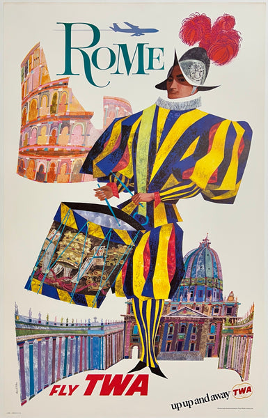 Original vintage Fly TWA Rome Up Up and Away Italian aviation travel and tourism poster plakat affiche featuring the Swiss Guard of Vatican City Italy by artist David Klein, circa 1960s.
