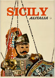 Vintage-style travel poster for Sicily with Alitalia branding, featuring a collage of images and text.