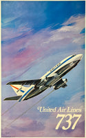 Rare authentic original vintage UNITED AIR LINES 737 linen backed UAL Boeing airline travel transportation poster plakat affiche by artist circa 1969.