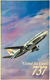 Rare authentic original vintage UNITED AIR LINES 737 linen backed UAL Boeing airline travel transportation poster plakat affiche by artist circa 1969.