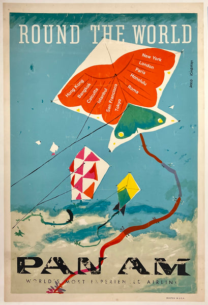 Original vintage ROUND THE WORLD - PAM AM - WORLD'S MOST EXPERIENCED AIRLINE linen backed silkscreen travel and tourism poster plakat affiche by artist Dong Kingman circa 1960s.