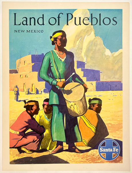 Original vintage Santa Fe Railroad - Land of Pueblos New Mexico linen backed American railway travel and tourism poster plakat affiche circa 1950s.