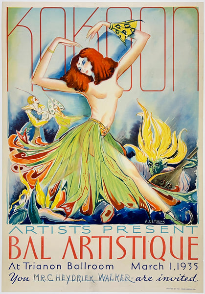 Extremely rare original vintage BAL ARTISTIQUE - KOKOON ARTS CLUB 1935 linen backed art deco invitation poster to Kokoon's annual party in Cleveland, Ohio circa 1926.