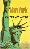 Vintage-style travel poster for New York City featuring the Statue of Liberty in green against a pale yellow background, with large text reading 'New York' and 'UNITED AIR LINES'.