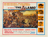 Vintage movie poster for the film 'The Alamo' featuring a large central battle scene with soldiers and a fiery landscape, plus portrait panels of actors on the right side and title text at the top.