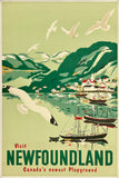 Vintage-style travel poster for Newfoundland with a ship, mountains, and seagulls.