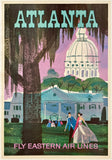 Vintage-style advertisement for Atlanta featuring a couple and the State Capitol building, promoting Eastern Air Lines.