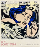 Roy Lichtenstein pop art print featuring a distressed graphic illustration of a woman in water with a speech bubble and text at the bottom.