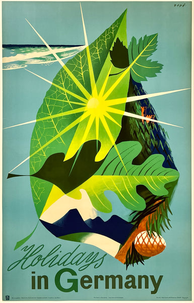 Vintage-style travel poster for 'Holidays in Germany' with leaf and mountain design.