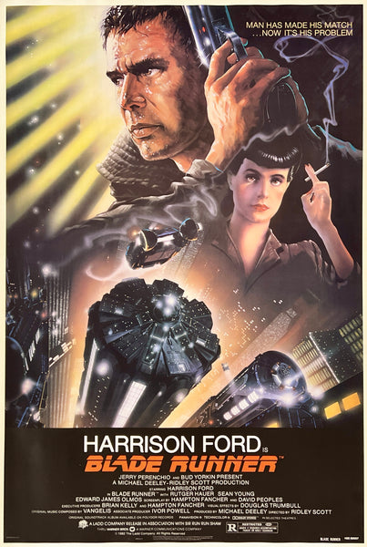 Movie poster for 'Blade Runner' featuring a man and woman with a futuristic cityscape in the background.
