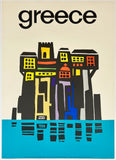 Colorful illustration of buildings with 'greece' text on a beige background