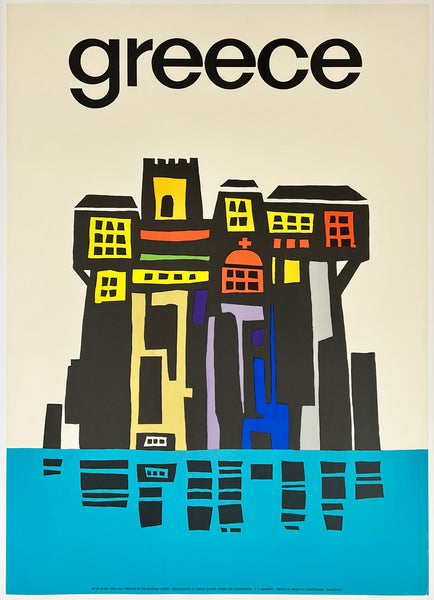 Colorful illustration of buildings with 'greece' text on a beige background