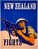 Original vintage New Zealand Fights linen backed Allied forces World War II WWII military propaganda poster affiche plakat circa 1942.