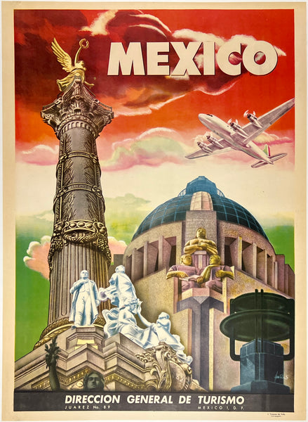 Original vintage Mexico linen backed Mexican travel and tourism poster plakat affiche by artist Heras circa 1938.