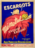 Vintage advertisement poster for Ménetrel escargots with a cartoon character and snail on a blue background.